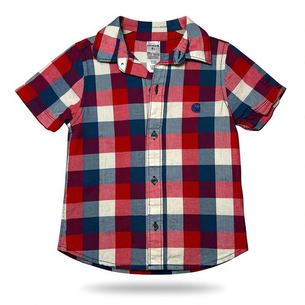Carhartt Boys Red Navy Cream Plaid Short Sleeve Button Shirt